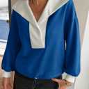 Fisoew Womens Cropped Oversized Sweatshirt Casual Lapel V Neck Long Sleeve Contrast Drawstring Loose Fit Fall Pullover Tops (Large, Blue)