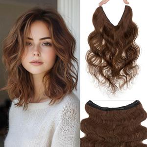 Rich Choices Short Halo Hair Extensions Real Human Hair Wave/Curled Remy Hairs Halo Extension for Women Invisible Wire One Piece Clip in Hairpiece for Short Hairs 12 Inch #4R Medium Brown