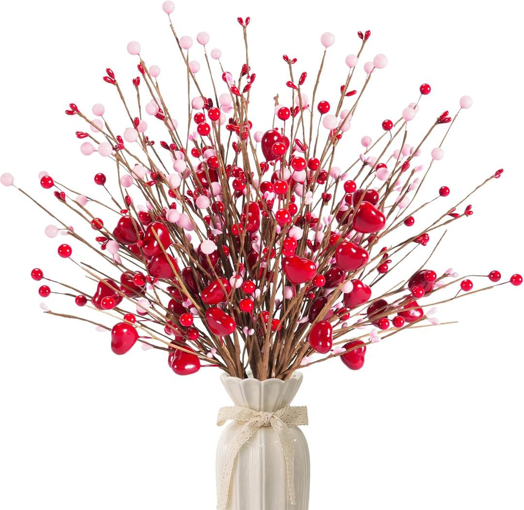 Valentines Day Decorations Valentine's Day Gifts 24 Pack Red Heart Shaped Berry Picks with Pink Berries for Valentine Wedding Candlelight Dinner Anniversary Decorations (Red)