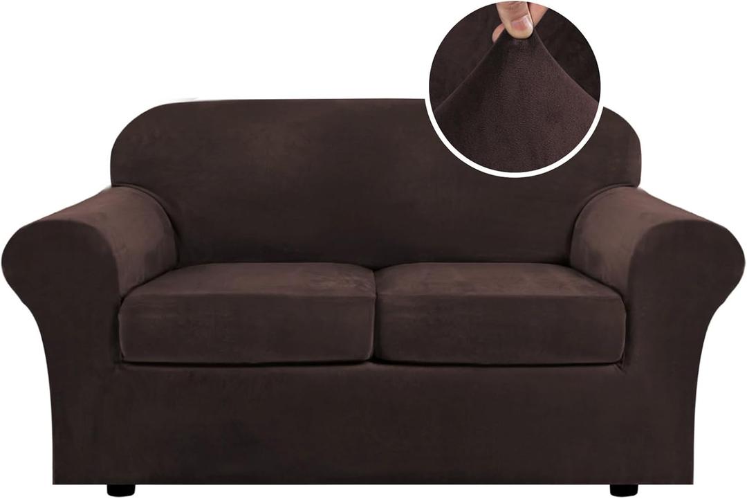 H.VERSAILTEX Real Velvet Plush 3 Piece Stretch Sofa Covers Couch Covers for 2 Cushion Couch Loveseat Covers Width Up to 72 Inch Feature Thick Soft Stay in Place (Medium Sofa, Brown)