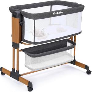 Ezebaby 3-in-1 Baby Bassinet, Rocking Baby Bassinets Bedside Sleeper, Adjustable Portable Crib for Newborn Infant with Wheels Storage Basket and Mesh Sides (Dark Gray)