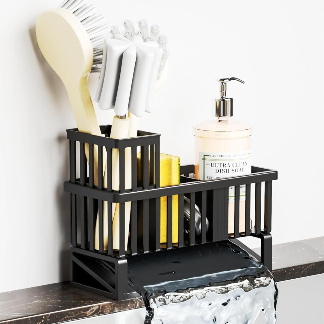 Yieach Rustproof Kitchen Sink Caddy Organizer,Durable Plastic Scrubber,Drain,Dish Sponge Holder,Dish Soap Rack and Dispenser,Multifunctional Kitchen Sink Counter Storage Organization Accessories, Black