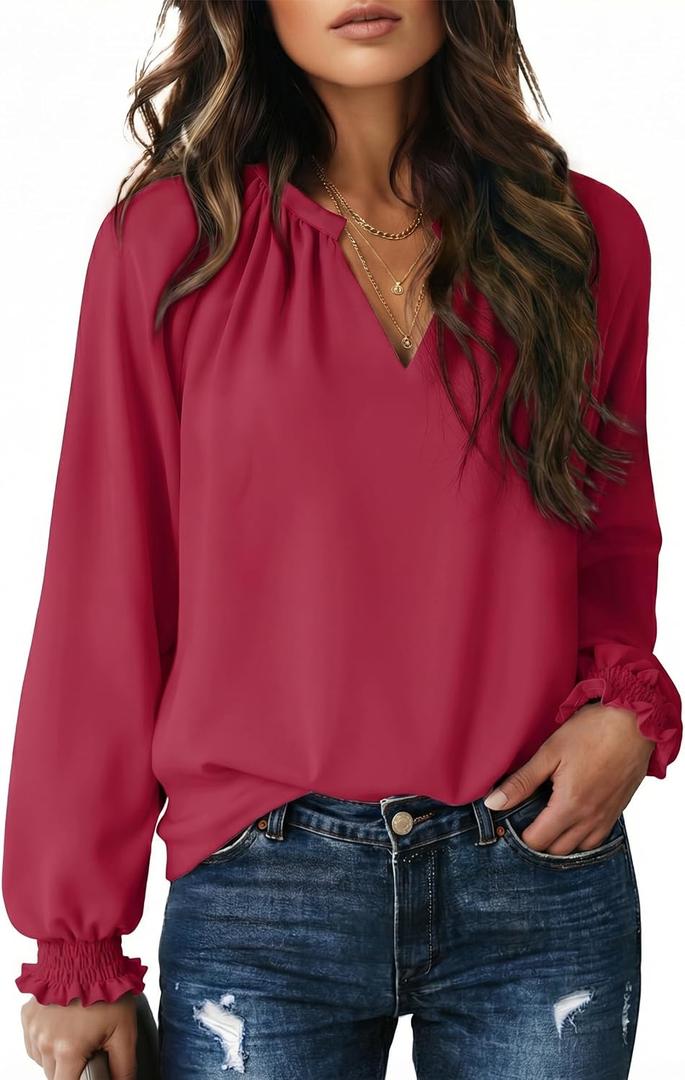 Dokotoo Blouses for Women Dressy Casual Flowy Boho Tops V Neck Long Sleeve Shirts Spring Outfits 2026