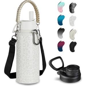 32oz Insulated Water Bottle with Paracord Handles & Strap, 2 Lids(Straw Lid&Spout Lid), Stainless Steel Reusable Wide Mouth Metal Water Bottle With Straw, Double Walled, Thermo Mug (White Leoqard)