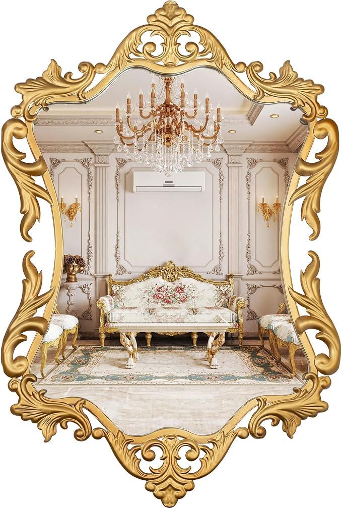 Varsoul Gold Antique Mirror 19x 32, Vintage Mirror for Wall, Metal Framed Baroque Decorative Perfect for Bedroom, Living Room, Bathroom, Hallway