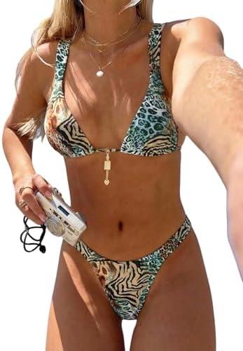 MakeMeChic Women's Tropical Boho Triangle Thong Bikini Sets Zebra Cheetah Bathing Suit Swimsuits, Medium