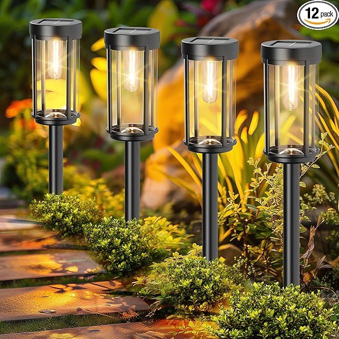 DAMAYCA 12 Pack Solar Lights Outdoor Waterproof for Garden Walkway Pathway Lawn Yard Decorative Modern Landscape Lighting. (Warm White Light, 12)