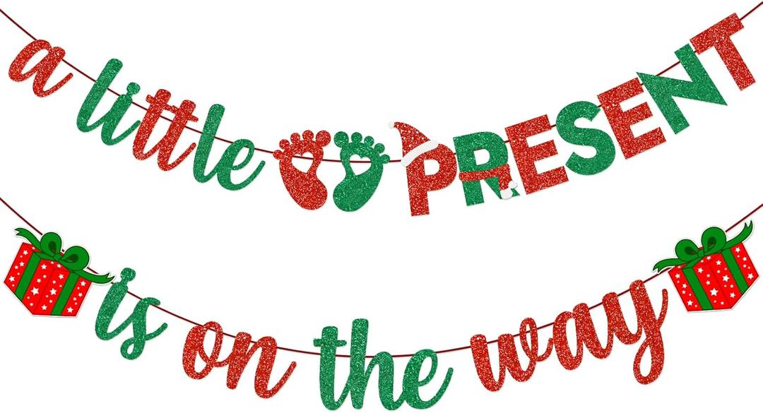 2 x A Little Present Is On The Way Banner - Christmas Baby Shower Decorations Winter Party Supplies