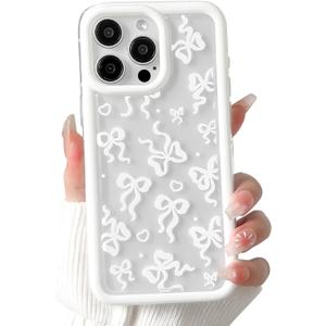 Lovmooful Compatible for iPhone 15 Pro Max Case Cute Clear Bow Bowknot with More Bumper Protector for Girls Women Soft TPU Shockproof Protective Girly for iPhone 15 Pro Max-White Bow
