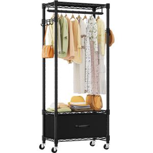Clothes Rack, Clothing Rack for Hanging Clothes, 3 Tiers Adjustable Closet Organizer System with Drawer | Hanging Rod | Side Hooks | Load 445lbs | 23" L x 13.1" W x 78.7" H | Black
