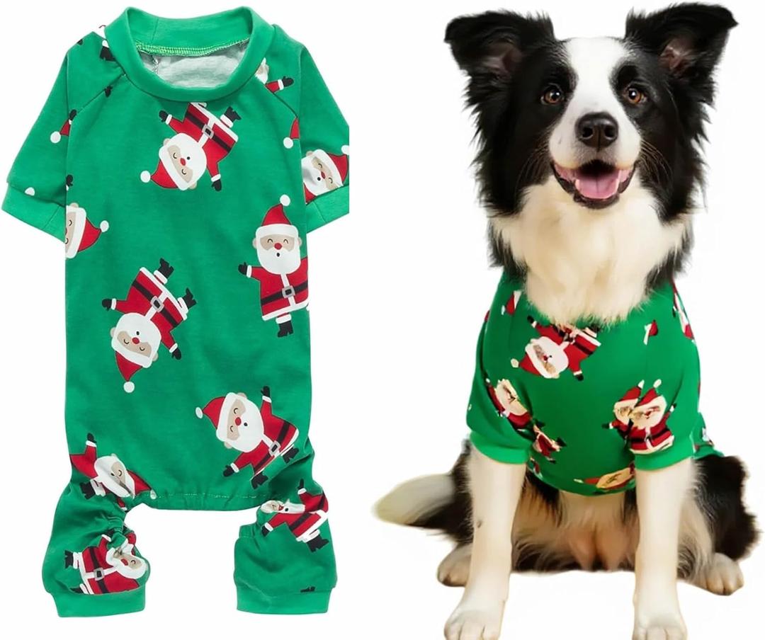 Lanyarco Santa Claus Xmas Cotton Dog Christmas Pajamas, Pet Dog Jammies Jumpshit PJS Christmas Pajamas for Dogs Large Dogs, Back 23" XLarge XL, Green (XLarge(47-70lbs) Back23" Chest27.5")