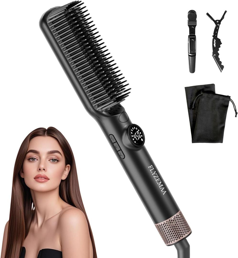Hair Straightener Brush, FLYZEMAA Multifunctional Portable Ceramic Ion Steam Hair Straightener, Anti-Frizz Hair Care, 30s Rapid Heating with 7 Temperature Adjustment Modes and Anti-Scald Design Black