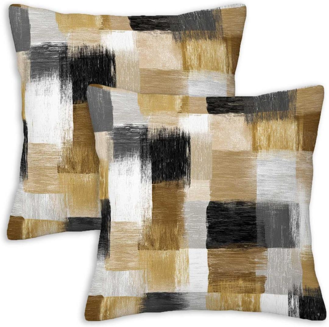Abstract Geometric Throw Pillow Covers 18x18 Set of 2 | Beige Black Modern Decorative Cushion Covers | Color Block Pillow Cases for Couch Sofa Bed Living Room Office