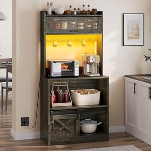 YITAHOME Bakers Rack with Power Outlet and Storage Farmhouse Microwave Stand with LED Lights Heavy Duty 5-Tier Coffee Bar Cabinet Station with 7 Hooks for Kitchen Dining Room Living Room Brown