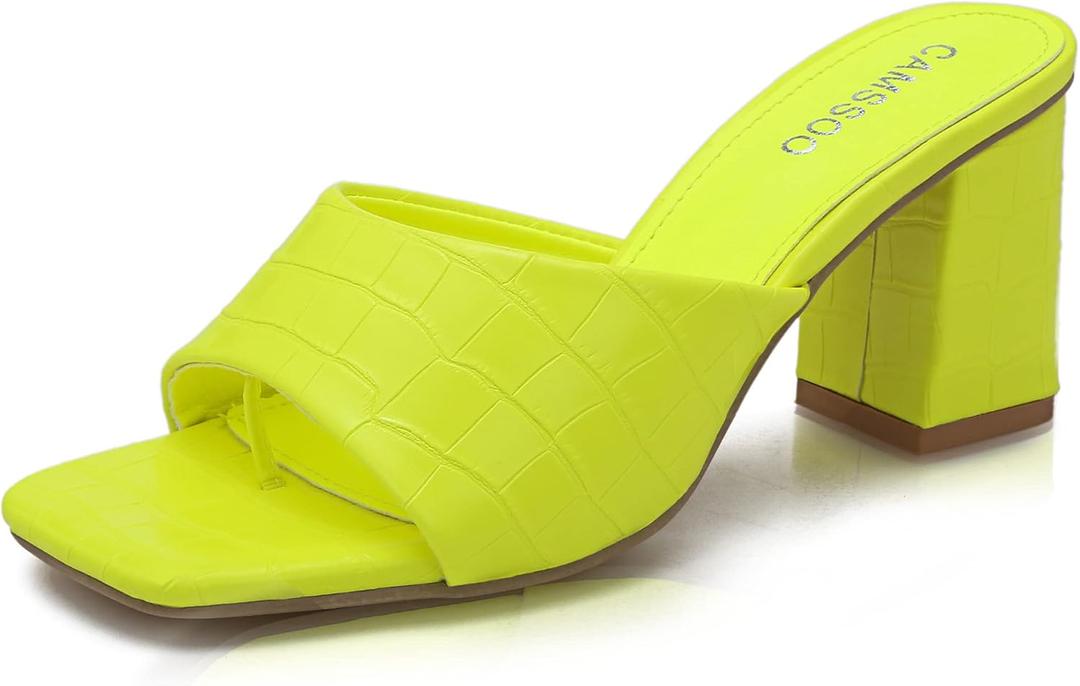CAMSSOO Women's Square Open Toe Heeled Mules Flip Flops Chunky Heels Slip On Sandals Block High Heel Fashion Wedding Dress Shoes (7.5, Yellow)