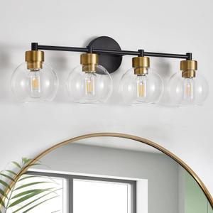4 Light Modern Vanity Lights - Black & Gold Bathroom Lights Over Mirror, Globe Shade with E26 Base