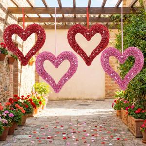 Thyle 4 Pcs 12 Inch Valentine's Day Large Heart Ornaments for Tree 3D Glitter Foam Heart Wreaths Romantic Valentines Outdoor Decorations for Anniversary Wedding Party Wall Window Front Door Decor
