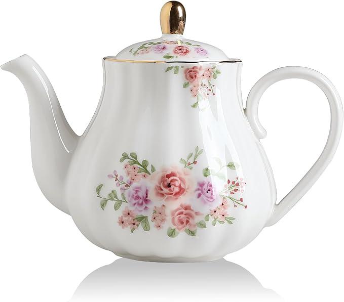 Sweejar Royal Teapot, Ceramic Tea Pot with Removable Stainless Steel Infuser, Blooming & Loose Leaf Teapot (Rose Flower, 28 Ounce)