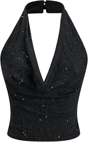 SOLY HUX Women's Halter Top Sparkly Sexy Backless Party Crop Tops Club Rave Festival Outfits Black, M
