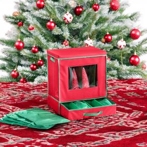 Honey-Can-Do Holiday Decorations Storage Box with Handles, Clear-View Window, Dividers and Compartments, Red