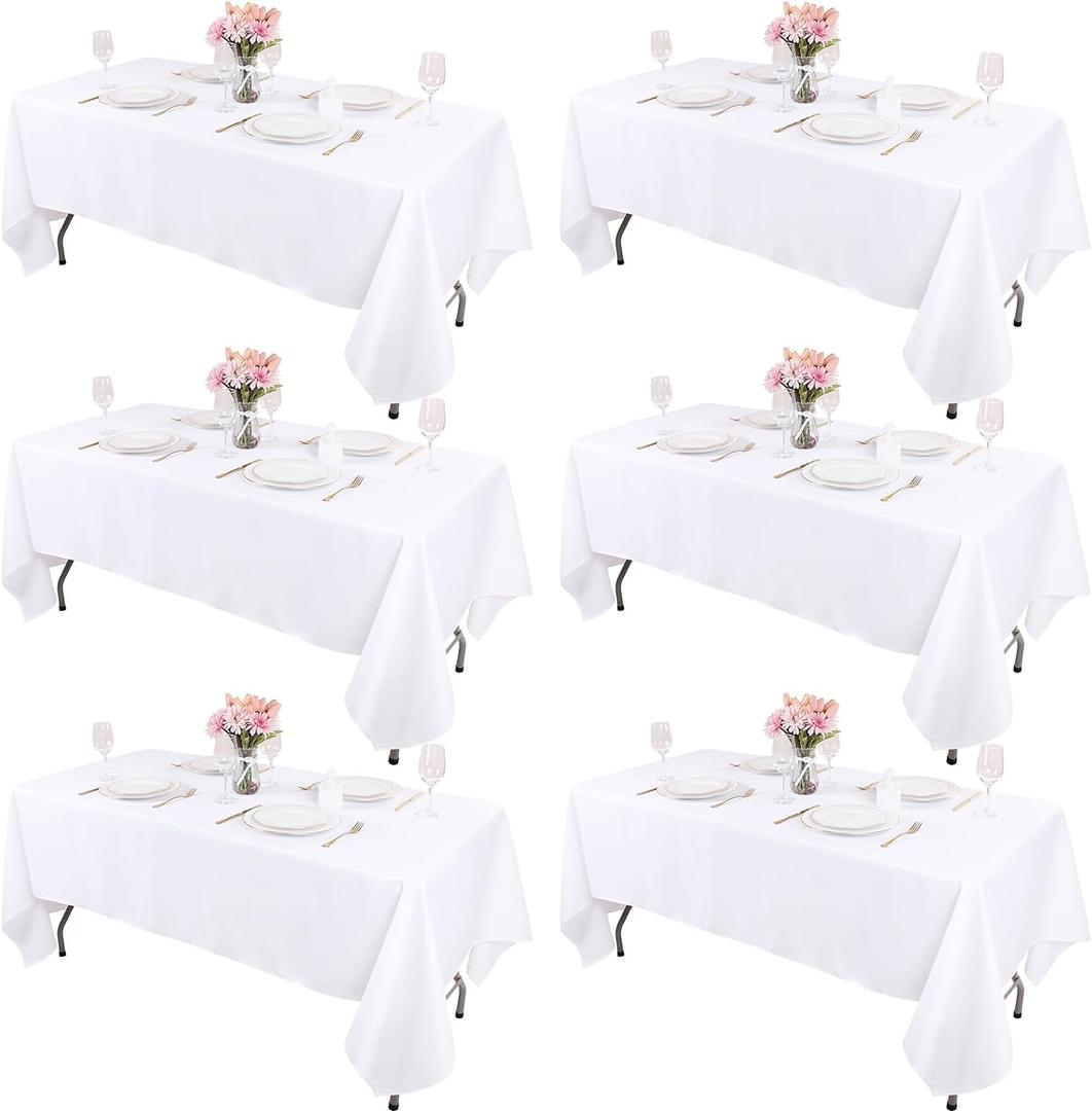 Kesfey 6 Packs White Table Cloths Rectangle 60 x 84 inch Washable Polyester Fabric White Tablecloths for 4 Feet Tables Stain and Wrinkle Resistant Reusable Table Covers for Parties Wedding Banquet