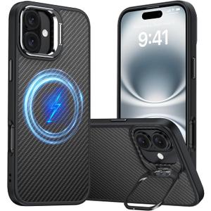 Magnetic for iPhone 16 Plus Case Carbon Fiber Skin SensationCompatible With magsafeMetal Lens KickstandDropproof Sturdy Carbon Fiber PatternWireless Charging Case for iPhone 16 Plus (Black)