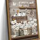 Wood Framed Farmhouse Bathroom Wall Art, Vintage Rustic Daisy Canvas Wall Decor Paintings, Flower Butterfly Inspirational Posters Prints Pictures Artwork for Bathroom Bedroom Living Room, 16x24 Inch