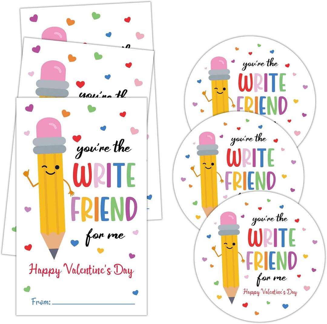 Happy Valentine's Day Sticker for Gift, You're The Write Friend for Me Theme Valentines for School Classroom, 20 Round & 20 Square,Fits for Gift Wrapping and Decoration Supplies (Pencil-1)