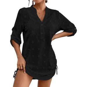 Women Swimsuit Coverups V Neck Swiss Dot Beach Cover Ups Shirt Dress Summer Vacation Outfits with Pocket Size S