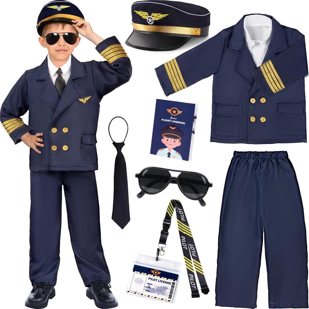 Latocos Pilot Aviator Costume for Kids Boys Ages 3-12 Airline Captain Uniform Career Day Dress Up Birthday Halloween Cosplay (T(4-6))