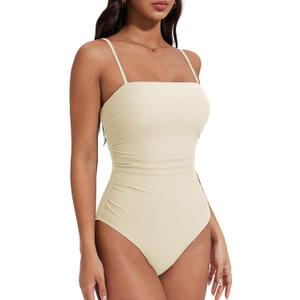 SUUKSESS Women Sexy One Piece Swimsuit Tummy Control Square Neck Bathing Suit (Large, Beige White)