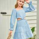 Haloumoning Girls Dresses Long Sleeve Square Neck Crossover Waist Casual A-Line Spring Fall Dress 5-14Y