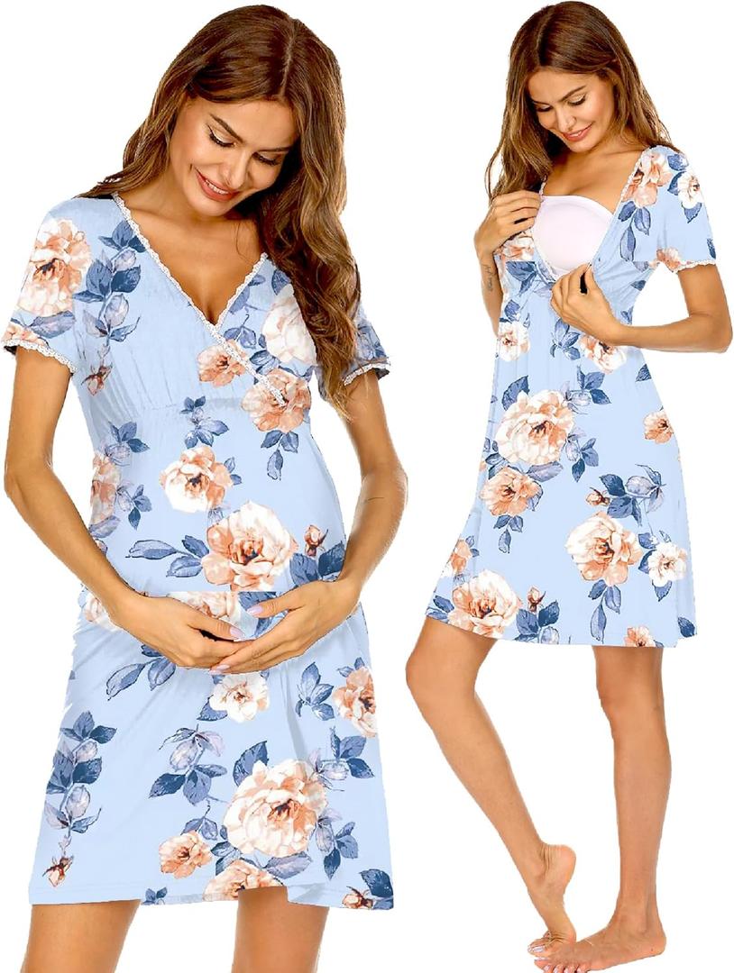 Ekouaer Nursing Nightgown Delivery and Labor Gown for Hospital Short Sleeve Maternity Breastfeeding Dress (Medium, Blue Floral)