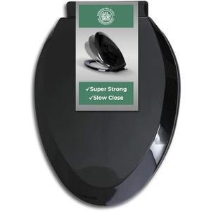 Renovators Supply Manufacturing Black Plastic Soft Close Elongated Toilet Seat Quiet-Close Lid, Contoured Seat Easy To Install And Clean, Grip-Tight Bumpers With Adjustable Mounting Hardware (Pack of 1)