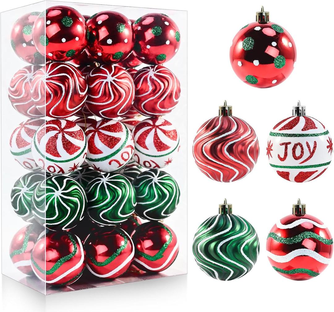 30PCS Christmas Ball Ornaments, 2.36" Red Green White Christmas Balls, Shatterproof Xmas Balls Decoration for Christma Tree, Painting & Glittering Hanging Ball for Party Event (Joy)