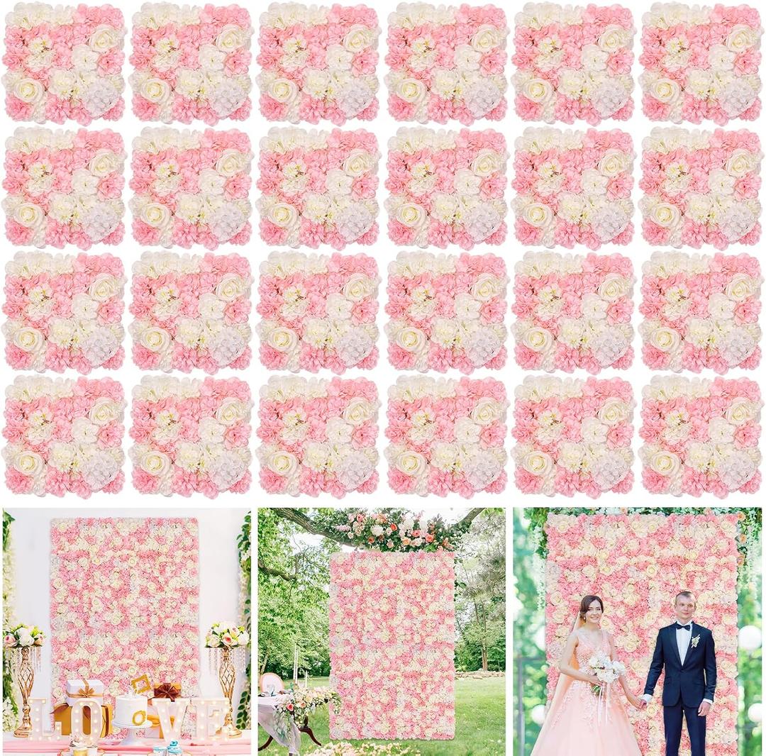 Rose Flower Wall Backdrop Panel - Rose Artificial Flower Wall Backdrops Floral Baby Shower Wedding Background DIYers Event Centerpieces (5ftx7.5ft, Pink&White)