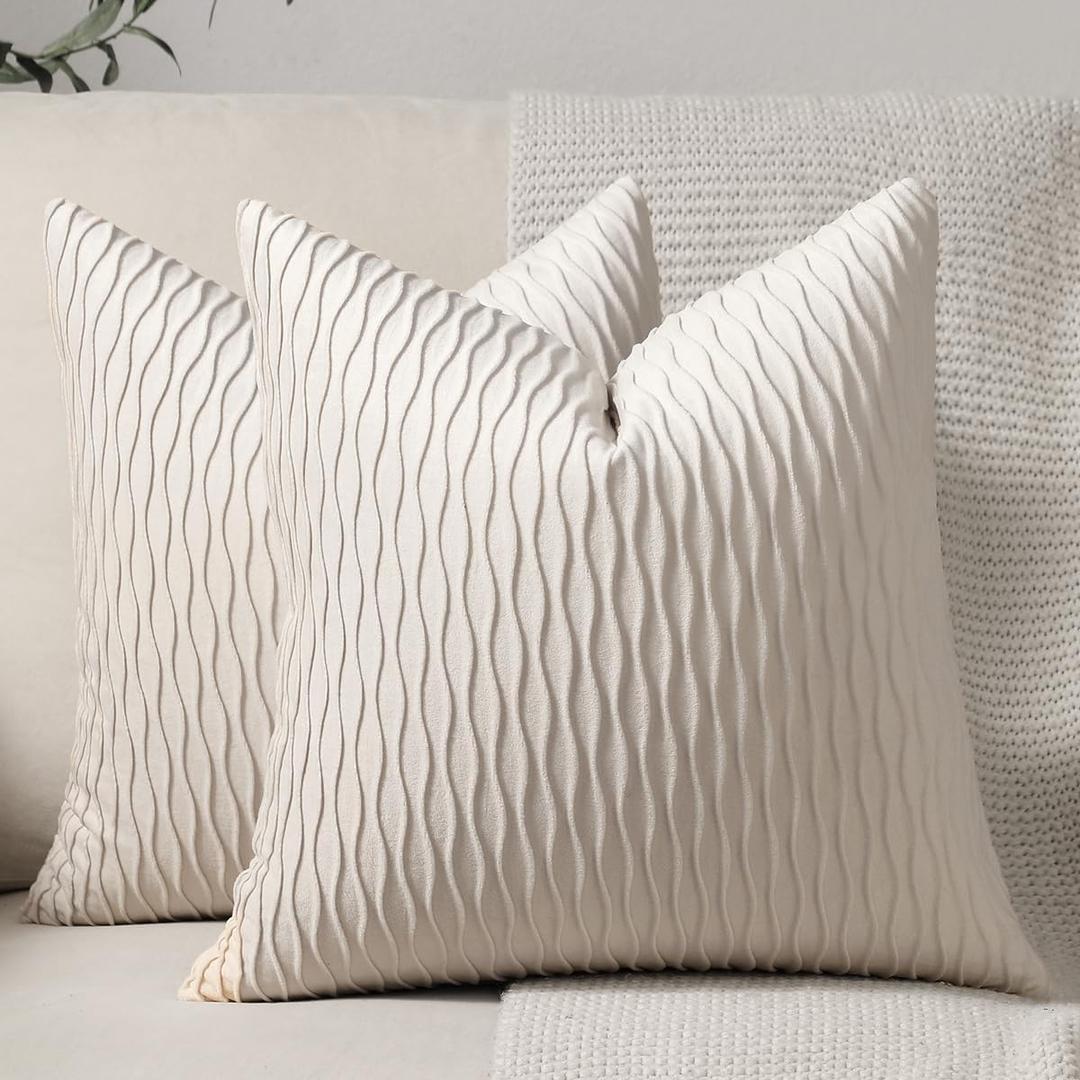 DEZENE Ivory White Couch Pillow Covers: 2 Pack 18x18 Inch Original Striped Velvet Square Throw Pillow Cases for Farmhouse Home Decor