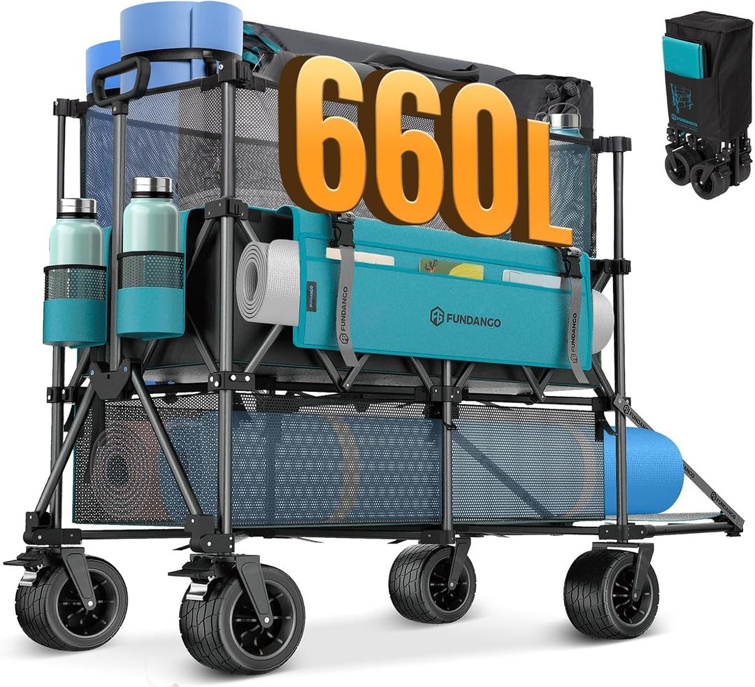 FUNDANGO Double Decker Wagon with High Extender & Tailgate, 660L XXL Foldable Collapsible Double Wagons, Heavy Duty Grocery Cart with All-Terrain Wheels for Camping, Baseball/Softball Gear, Home (Azure)