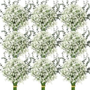 Retrowavy 250 Pcs Babys Breath Artificial Flowers Bulk Babys Breath Flowers Gypsophila Bouquets with Faux Eucalyptus Stems Leaves for Wedding Bouquet Party Filler Home Decor