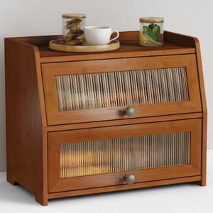 Wooden Bread Box for Kitchen Countertop, Dark Wood Bread Storage Container for Homemade Bread, 2 Tier Roll Top Breadbox Holder Keeper for Sourdough Loaf Storage (Walnut Brown)