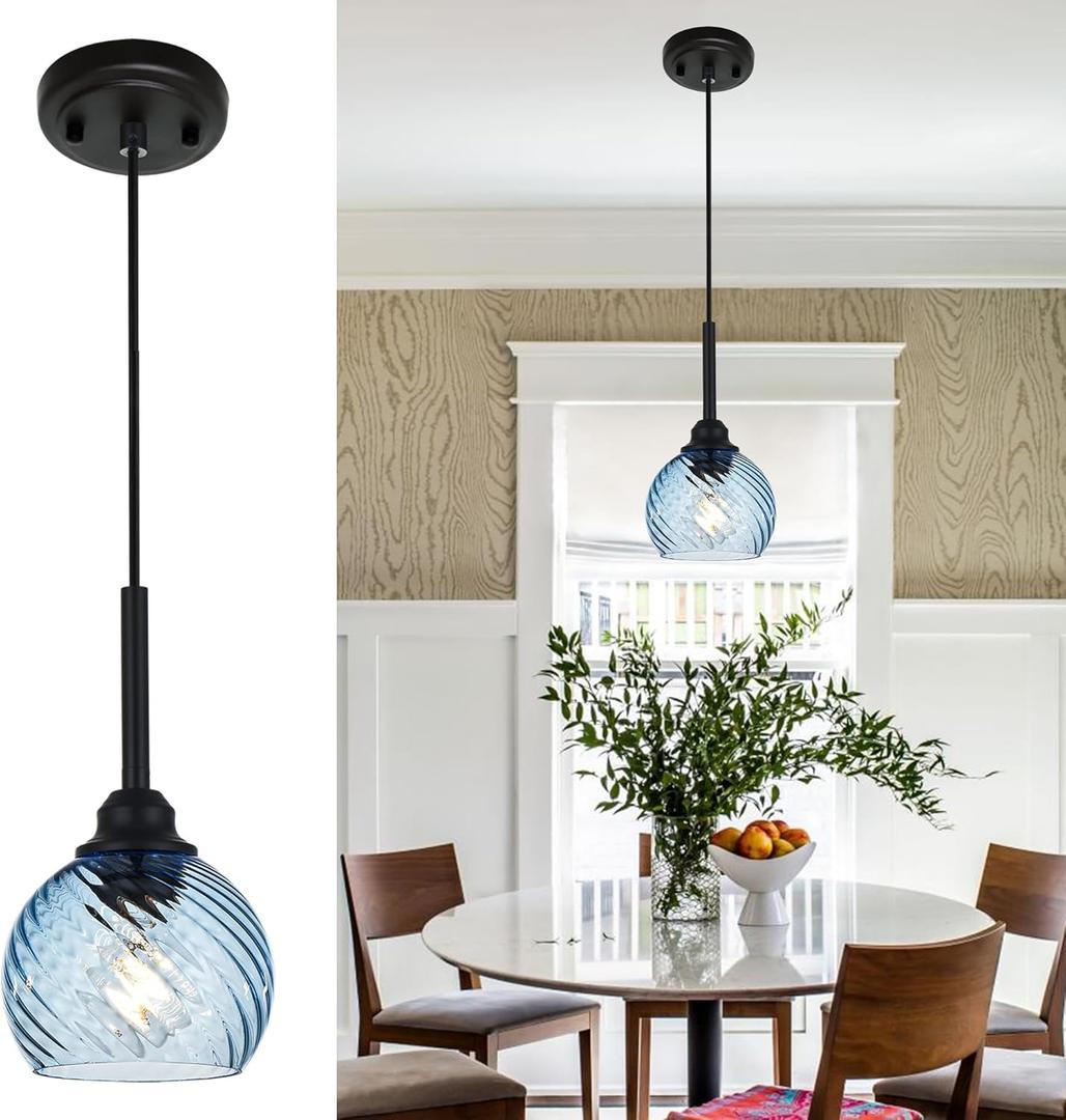 MILUCES Kitchen Pendant Lighting Over Sink 1-Light Hanging Lights for Kitchen Blue Glass Pendant Lights with Striped Swirl Glass Shade, Suit for Dining Room Bar Hallway