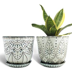 Gepege 6 Inch Beaded Ceramic Planter Set of 2 with Drainage Hole and Saucer for Plants, Indoor-Outdoor Large Round Succulent Orchid Flower Pot (Smoked Gray, Inner-pots not Larger Than 5 Inch) (Cream White)