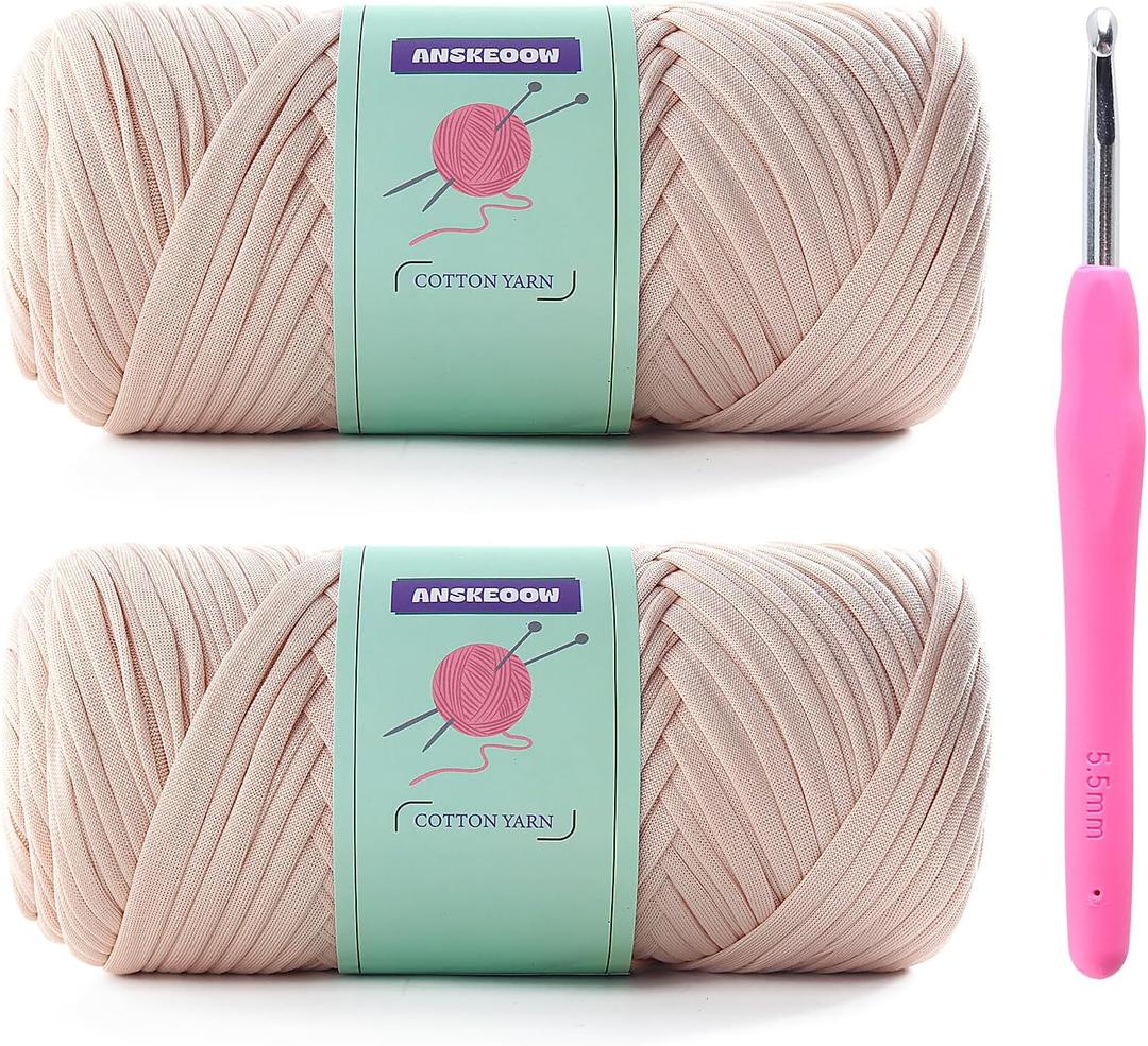 2 Skeins Tshirt Yarn for Crochet,Soft T Shirt Yarn for Crocheting Bag/Basket/Home Decor,Trapillo para Tejer a Crochet Bolsas with 1 Crochet Hook,Each Ribbon Yarn 7oz, 65yd