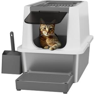RIZZARI Stainless Steel Cat Litter Box, Odorless Enclosed Litter Box with Top Holes, Large Litter Pan for Small to Large Sized Cats (Dark Gray, 24" L*16" W*18" H)