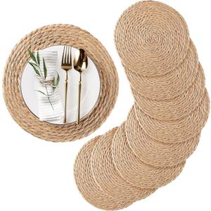 Round Woven Placemats Set of 8, Natural Water Hyacinth Place mats, Rattan Placemats Wicker Placemats Farmhouse Boho Braided Heat Resistant Outdoor Placemat Patio Table Place Mats (13 inch Set of 8)
