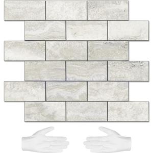 STICKGOO 10-Sheet Subway Tile Cream Peel and Stick Backsplash, Beige Stone Texture with Grey Grout Kitchen Backsplash Wall Tile, 3D Adhesive Stick on Tile for Bathroom, RV, Fireplace