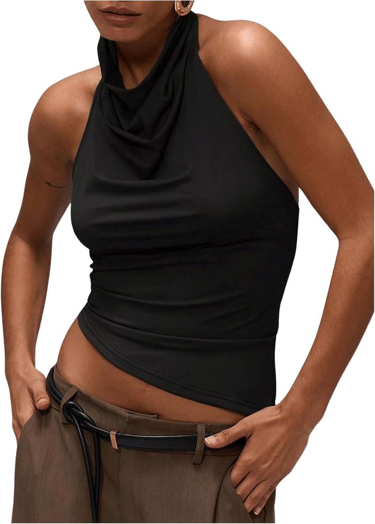 Milumia Women's Draped Neck Halter Tops Open Back Asymmetrical Hem Crop Tank Top