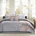 Madison Park Sateen Cotton Comforter Set, Breathable, Soft Cover, Modern Print, All Season Down Alternative Cozy Bedding with Matching Shams, Floral Taupe Grey/Peach, Queen 7 Piece