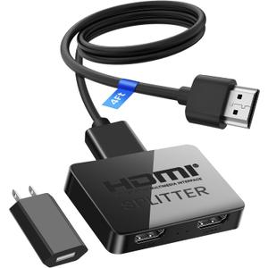 4K HDMI Splitter 1 in 2 Out with Power Adapter and 4Ft Hdmi 2.0 CableMirror 1 Source Screen to 2 Display Devices-Not for Extended Display, 1x2 HDMI Splitter Compatible with PS4, HDTV, Monitor
