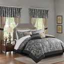 Madison Park Essentials Brystol 24 Piece Room in a Bag Faux Silk Comforter Jacquard Paisley Design Matching Curtains Down Alternative All Season Bedding-Set, Queen(90 in x 90 in), Black 24 Piece